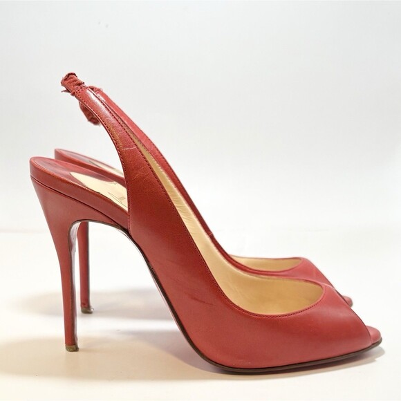 Christian Louboutin Flo Sling 120 Heels Red Calf Leather Slingbacks Sz Eu 36 6 - Picture 1 of 11